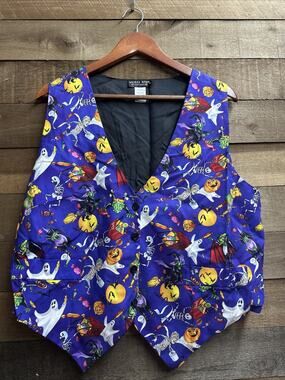 Saddle River Halloween Purple Vest, Sz Large, Skeletons Pumpkins Ghosts Witches